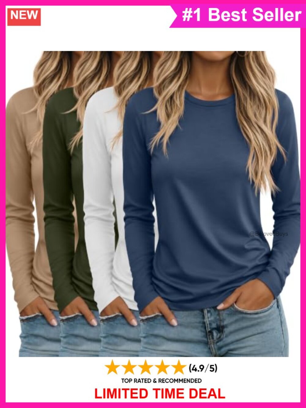 4 Pack Women's Long Sleeve Crewneck T-Shirts Loose Fit Casual Tops